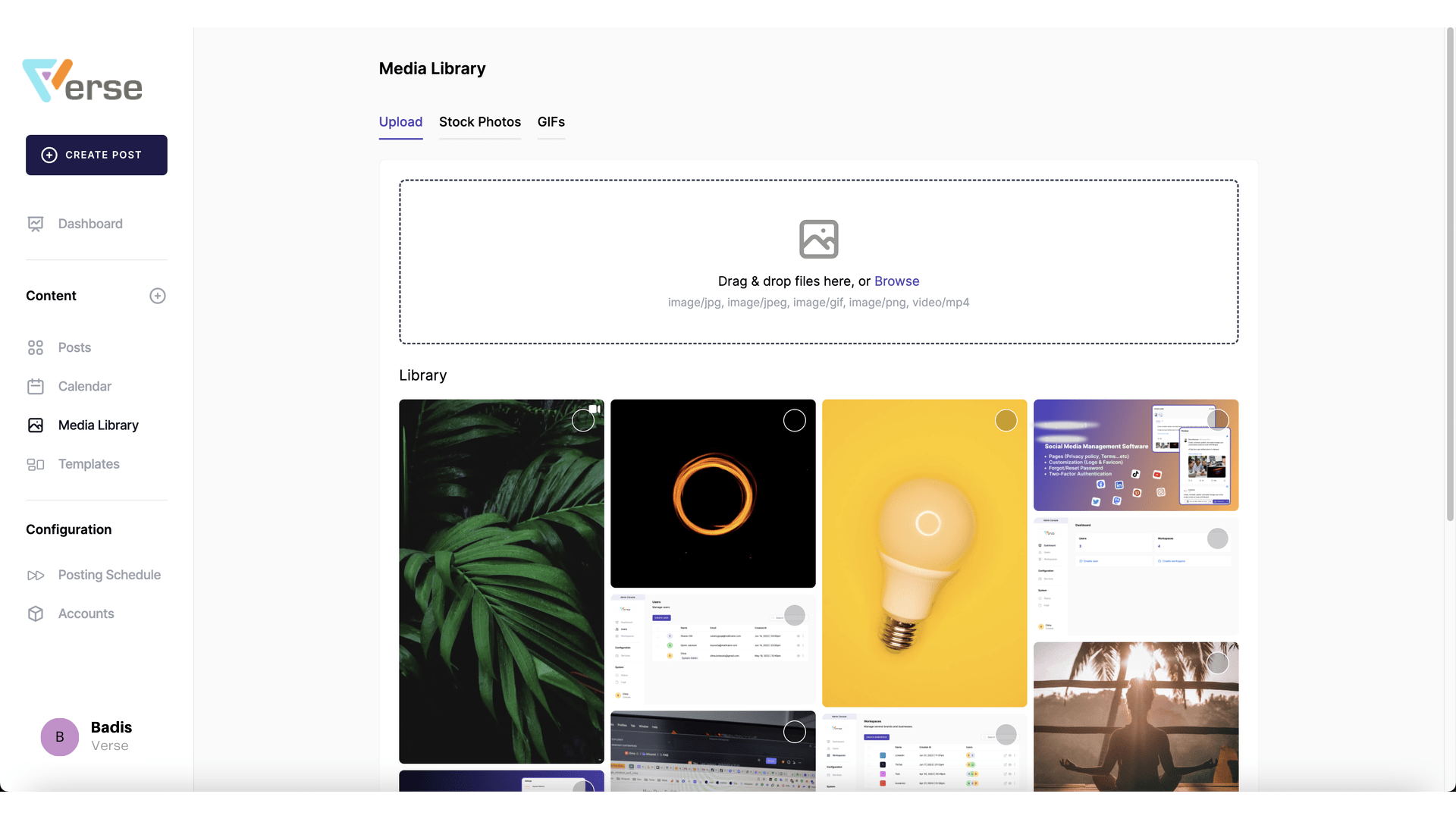 Capture of the 'Media Library' in Verse, showcasing the platform's organization features for uploading and sorting multimedia content for social media posts.