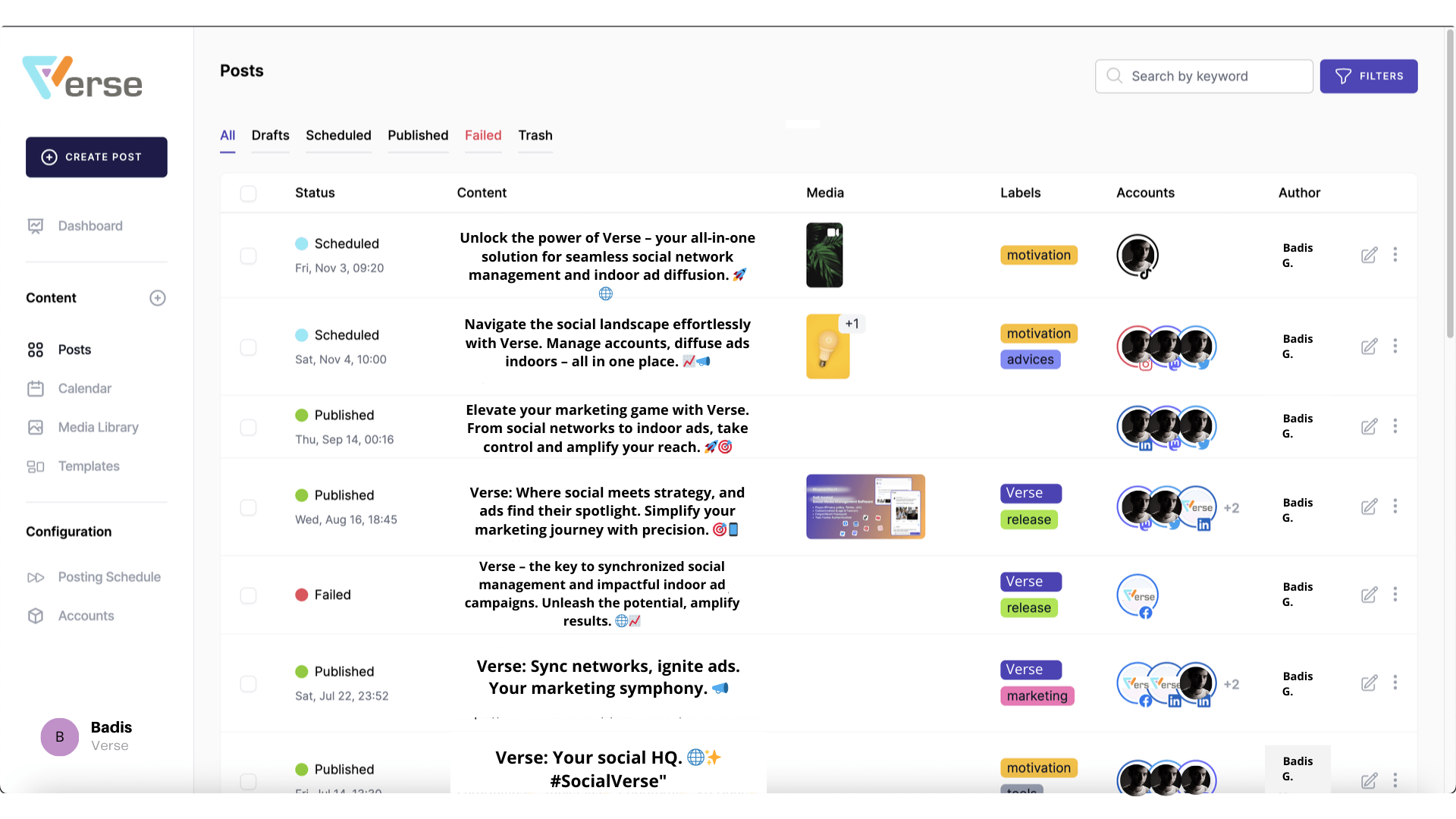 Image of the 'Posts' management screen in Verse,  social media dashboard, where users can review and manage their published and scheduled content.