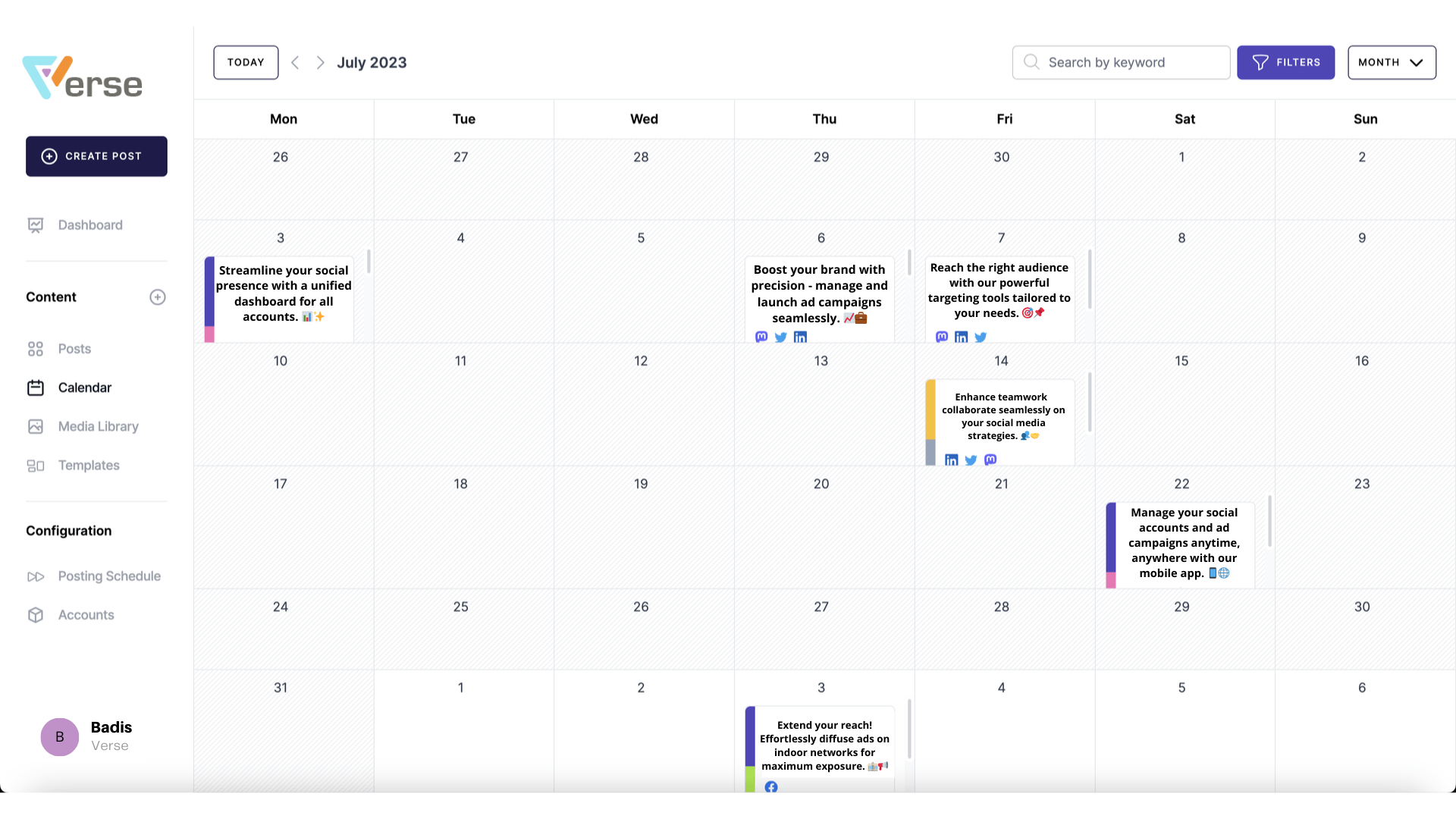 View of the 'Monthly Calendar' scheduling feature in Verse, content planner, illustrating a user-friendly interface for managing posts over the month.