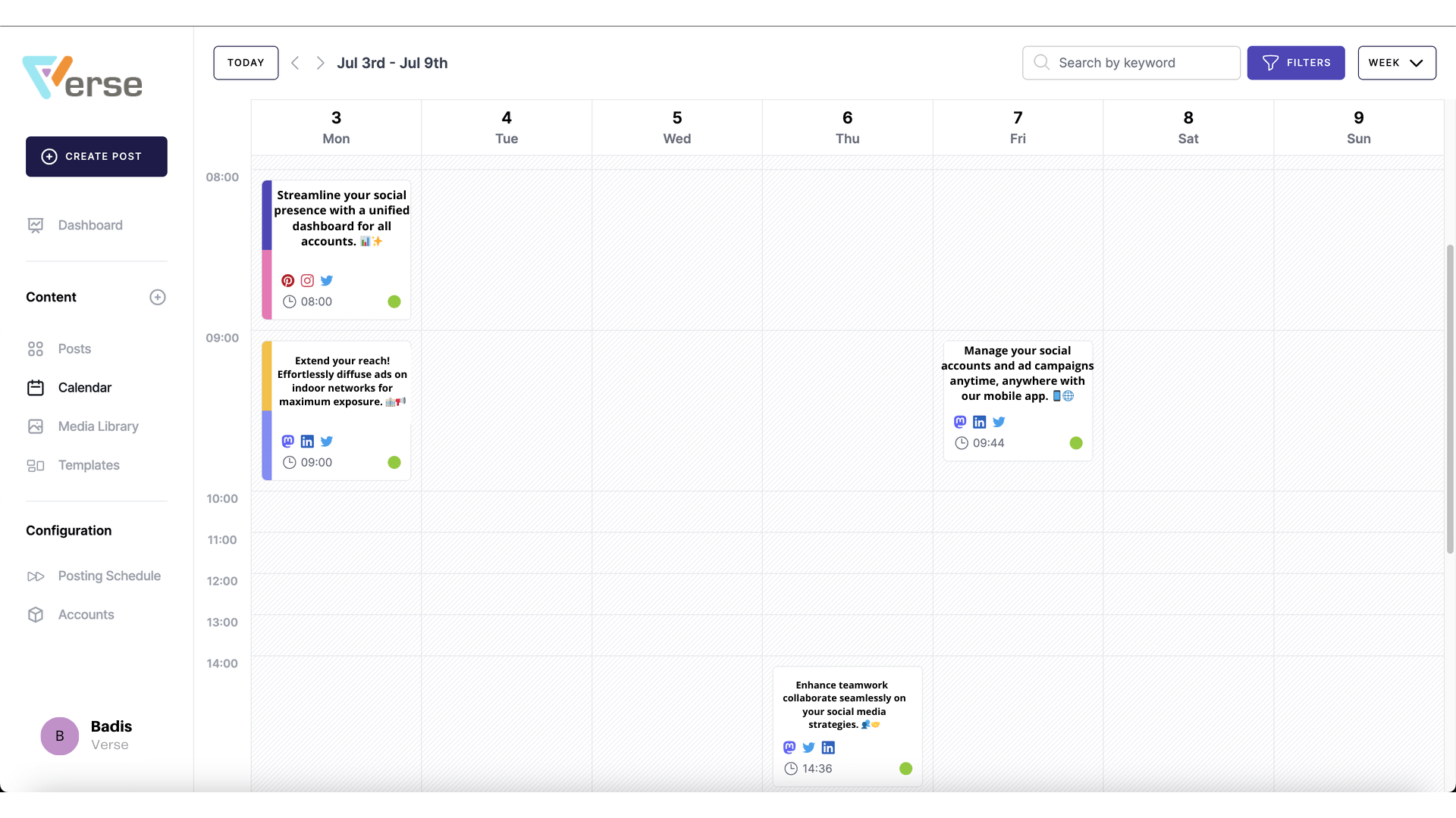 Snapshot of the 'Weekly Calendar' view in Verse showing a detailed weekly agenda for social media post timing.